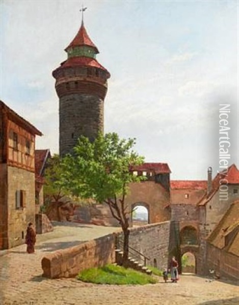 People In A South European Town Scenery With A Round Tower Oil Painting - August Fischer