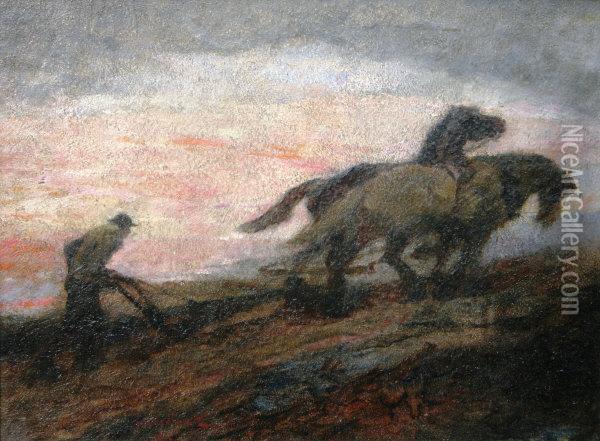 February Ploughing Oil Painting - David Woodlock