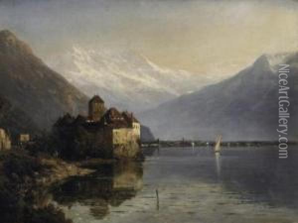 Chateau Chillon On The Lake In 
Genf. In The Background A View Onto The Rhone Valley. Signed And Dated 
Lower Left: Julius Lange 1871 Oil Painting - Julius Lange
