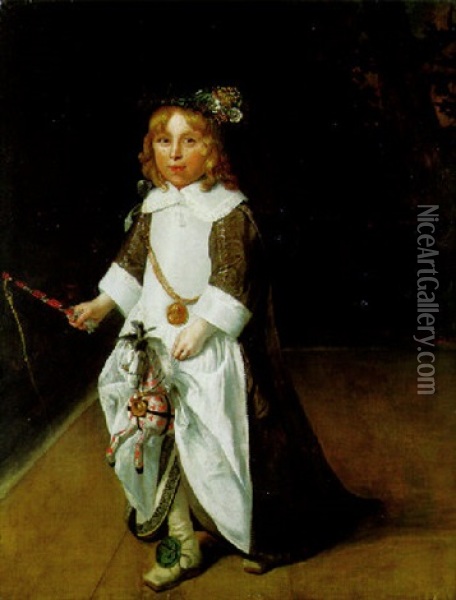 Portrait Of A Boy Wearing A Chain With A Portrait Medallion, Riding A Hobby Horse In A Tapestried Interior Oil Painting - Ludolf de Jongh