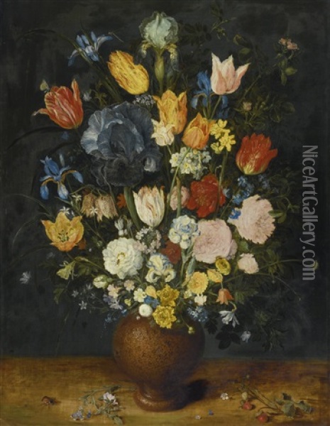 Still Life Of Flowers In A Stoneware Vase Oil Painting - Jan Brueghel the Elder