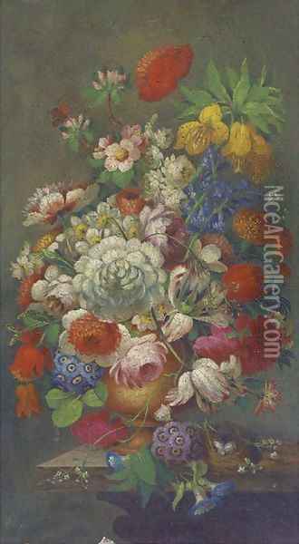 Roses, tulips, apple blossom, honeysuckle, narcissae and other summer flowers in a ewer by a birds' nest on a marble plinth Oil Painting - Dutch School