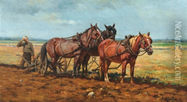 Bauer Mit Drei Pferden Beim Pflugen Oil Painting - Marie Guise Newcomb