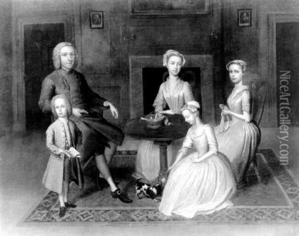 Portrait Of The Brewster Family In An Interior Oil Painting - Thomas Bardwell