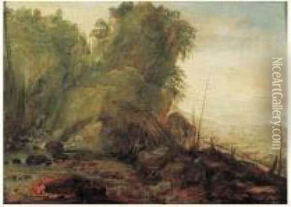 Scene De Riviere Et De Paysage Panoramique Avec Un Ermite Oil Painting - Gillis Egidius I Peeters
