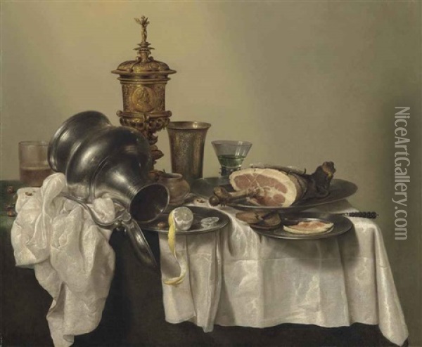 A Leg Of Ham, A Partly-peeled Lemon And Slices Of Bread On Pewter Platters, A Berkemeier, An Upturned Tankard, A Silver-gilt Cup And Cover... Oil Painting - Willem Claesz Heda