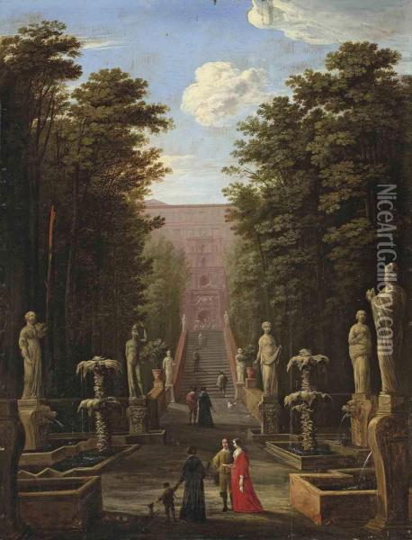 A View Of The Villa D'este And Gardens, Tivoli, With Elegantfigures Oil Painting - Johann Wilhelm Baur