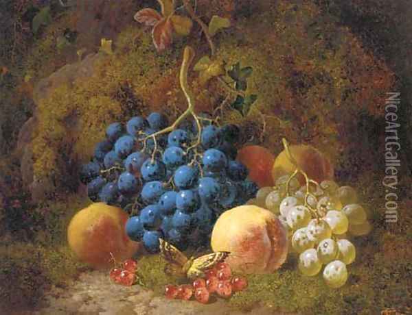 Grapes, peaches, redcurrants, and a butterfly, on a mossy bank Oil Painting - Charles Thomas Bale