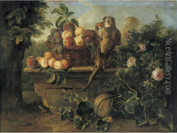Still Life With A Monkey And A 
Basket Of Fruit All Resting On A Ledge With A Landscape Beyond Oil Painting - Alexandre-Francois Desportes