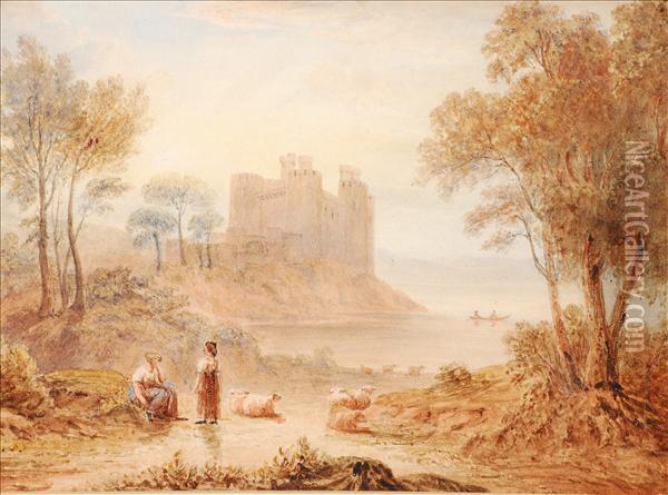 Estuary Scene With Figures And Cattle Near A Castle Oil Painting - Henry G. Gastineau
