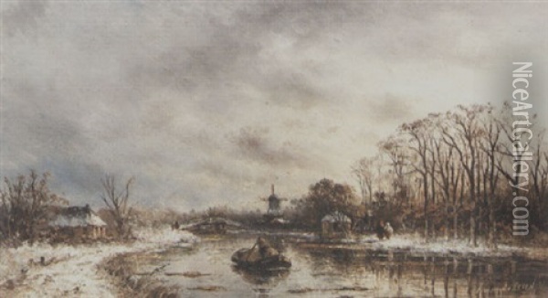 Winter Landscape With Boat On A River And A Windmill In The Background Oil Painting - Hendrik Dirk Kruseman van Elten