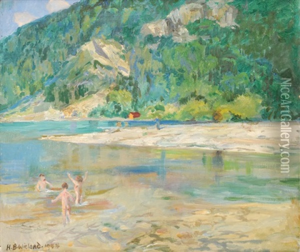 Kinderbad, Lombach (thunersee) Oil Painting - Hans Beat Wieland