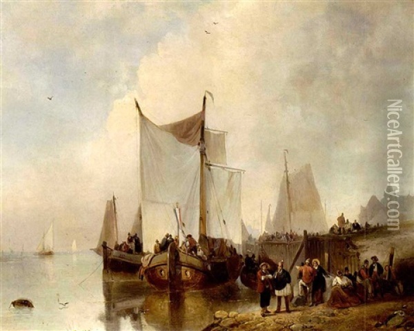 Moored Sailing Vessels Near A Harbour Oil Painting - Wijnand Jan Joseph Nuyen