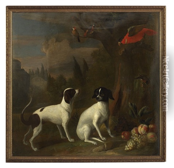 Exotic Birds In A Park With Hunting Dogs And A Still Life Of Fruit Oil Painting - Jakob Bogdani