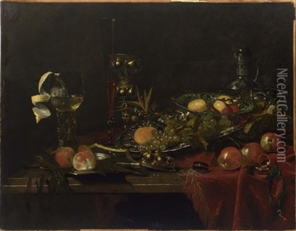 A Sumptuous Still Life Of Peaches On A Kraak Porcelain Dish, And Other Fruit, All On A Marble Table, Draped With A Red Cloth Oil Painting - Willem Kalf