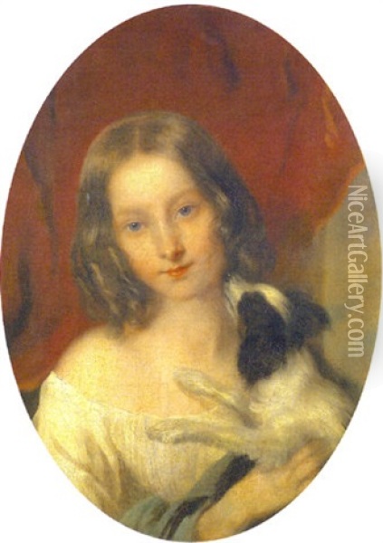 A Portrait Of A Young Girl With Her Pet Dog Oil Painting - Charles Baxter