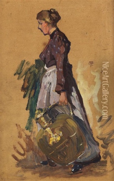 Einen Grosen Krug Tragende Frau (+ Frauenkopf, Verso) Oil Painting - Max Uth