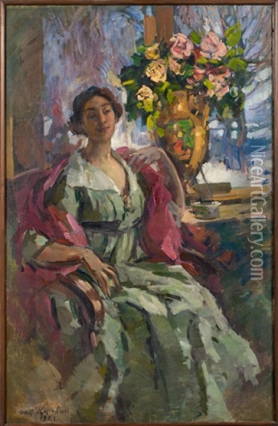 Femme Au Bouquet De Roses Oil Painting - Constatin Korovine