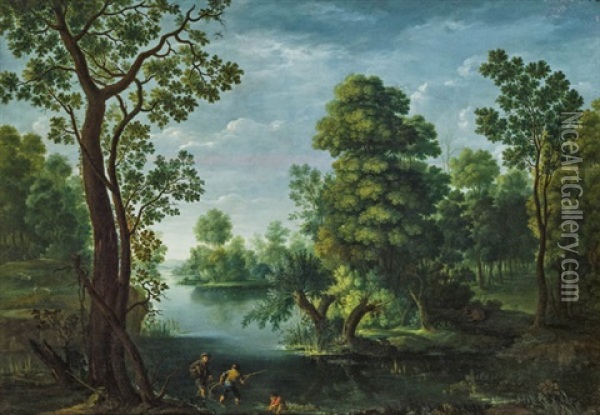 Bewaldete Flusslandschaft Mit Anglern Oil Painting - Johan Evangelist Dorfmeister
