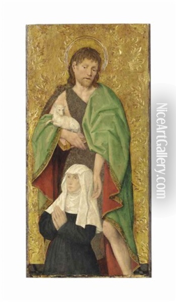 Saint John The Baptist Presenting A Kneeling Female Donor - A Fragment Oil Painting - Antoine de Lonhy