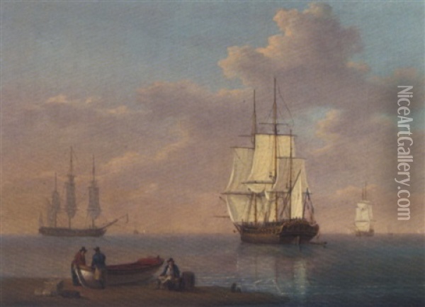 Frigates At Anchor, With A Ship's Cutter On The Shore Oil Painting - William Anderson