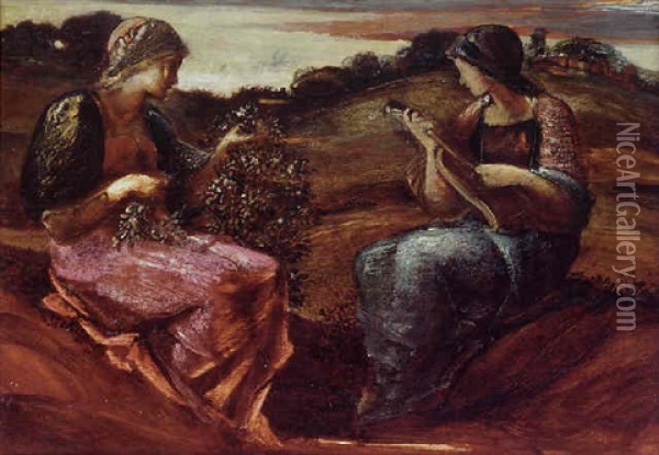Two Seated Female Figures In A Landscape Oil Painting - Edward Burne-Jones