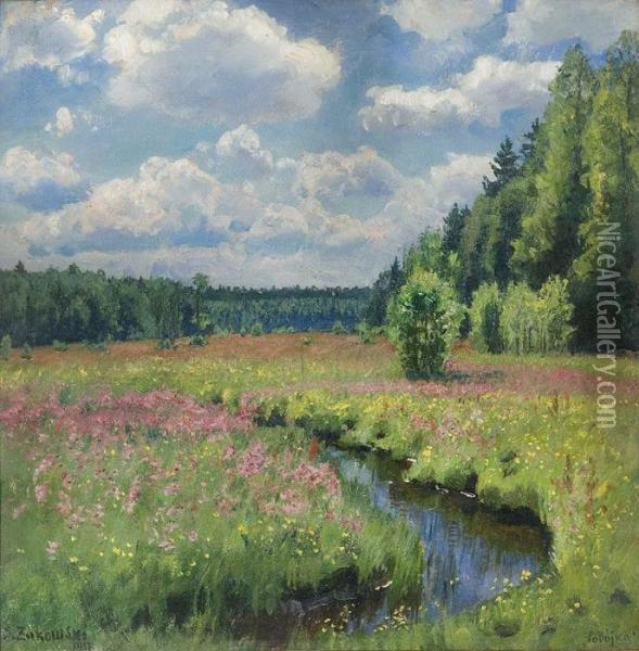 River Through Meadow Oil Painting - Stanislaw Zukowski