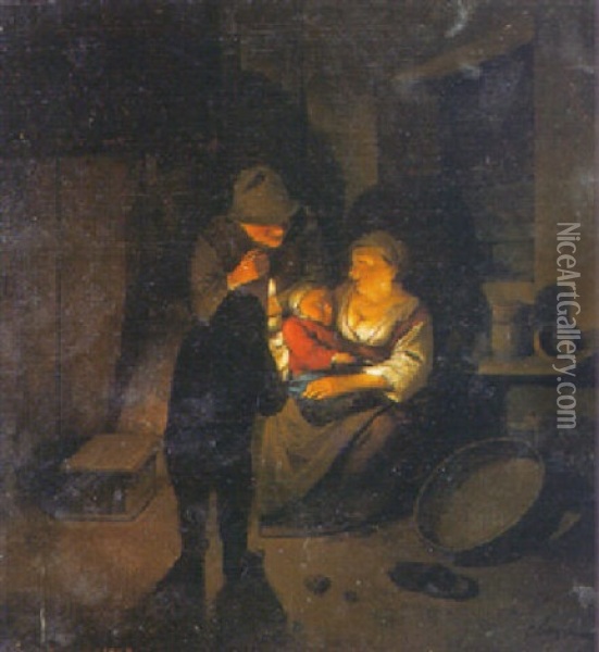 A Peasant Family In An Interior By Candlelight Oil Painting - Cornelis Pietersz Bega