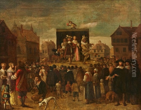 A Travelling Theatre Company Oil Painting - Gillis van Tilborgh