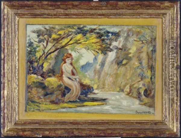 Red Haired Woman By A Stream Oil Painting - Louis Michel Elshemius