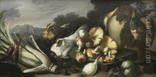 A Still Life Of Mushrooms, Chickens, Cardoons And Turnips Oil Painting - Niccolo Cassana