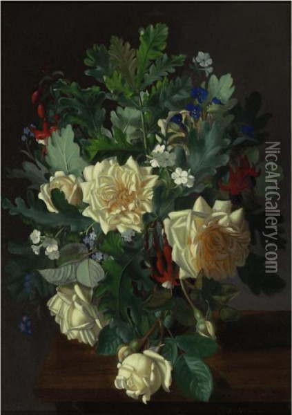 A Still Life With Yellow Roses And Freesia Oil Painting - Otto Didrik Ottesen