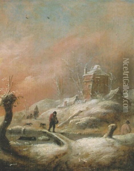 A Winter Landscape With A Man And Dog Crossing A Bridge And A Rider On A Track Near Houses Oil Painting - Nicolaes Molenaer