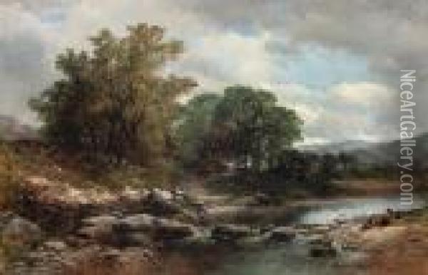 Figures Resting On A River Bank, Possibly On The Llugwy Oil Painting - John Syer