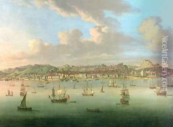 The British Fleet Sailing into Lisbon Harbour 1735 Oil Painting - Peter Monamy