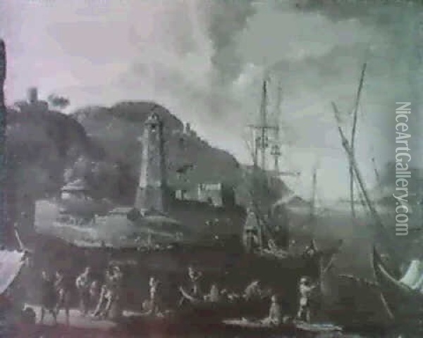 Porto Di Mare Con Faro E Figure Oil Painting - Adriaen Van Der Cabel