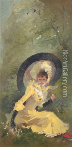 Femme A L'ombrelle Oil Painting - Jules Cheret
