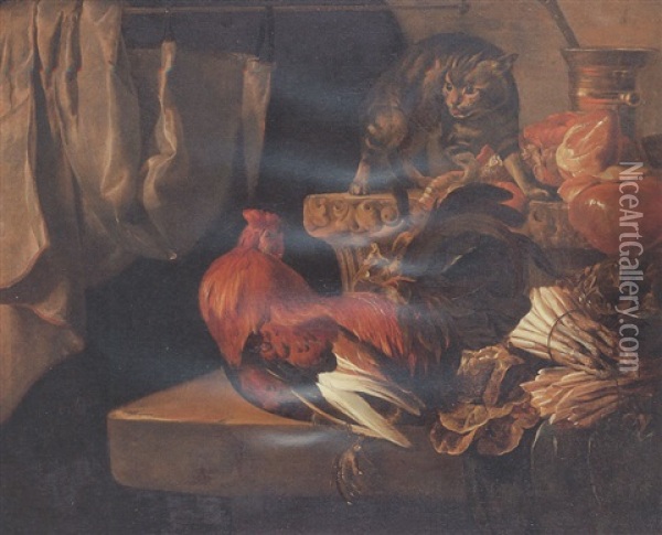Still Life With Meat And Vegetables On A Ledge, With A Cat And A Cockerel Oil Painting - Jacob van der Kerckhoven