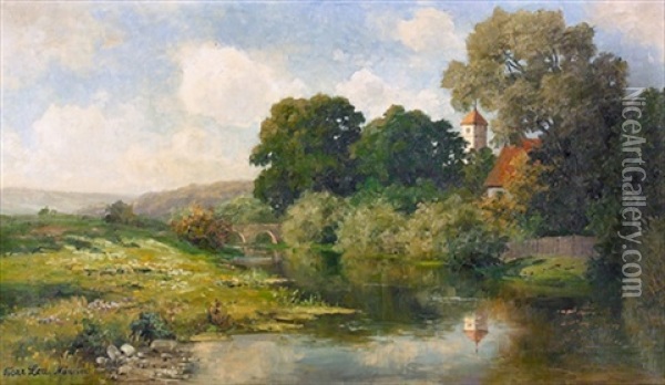 Flusspartie Mit Brucke Oil Painting - Oskar Leu