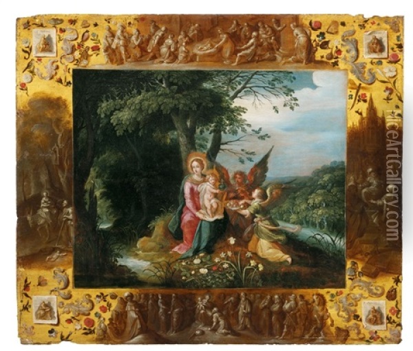 Maria Mit Kind Und Zwei Engeln (collab. W/studio Of Abraham Govaer) Oil Painting - Ambrosius Francken the Younger
