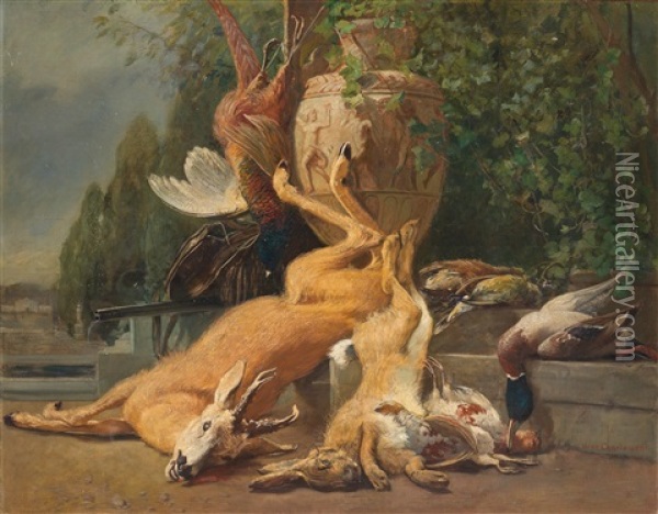 Large Hunting Still Life Oil Painting - Hugo Charlemont
