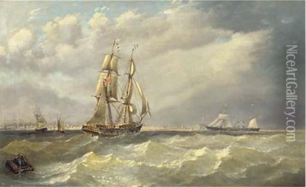 A Trading Brig And Paddlesteamer In An Offshore Breeze Oil Painting - J. Gough