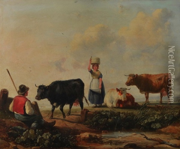 Landscape With Farm Folk And Cattle Oil Painting - Henry Brittan Willis