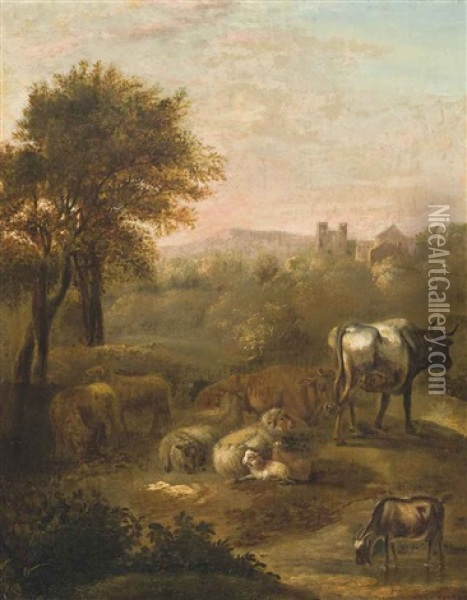 A Landscape With Cattle And Sheep, A Village Beyond Oil Painting - Adriaen Van De Velde
