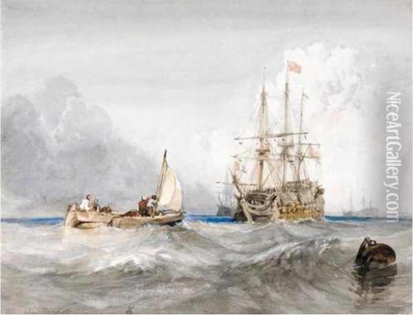 A French Man Of War Off Spithead Oil Painting - William Clarkson Stanfield