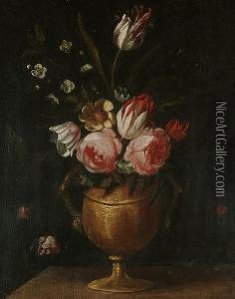 Roses, Tulips, A Yellow Rose And Other Flowers In A Bronze Urn Upon A Table Top Oil Painting - Elisabetta Marchioni Active Rovigo