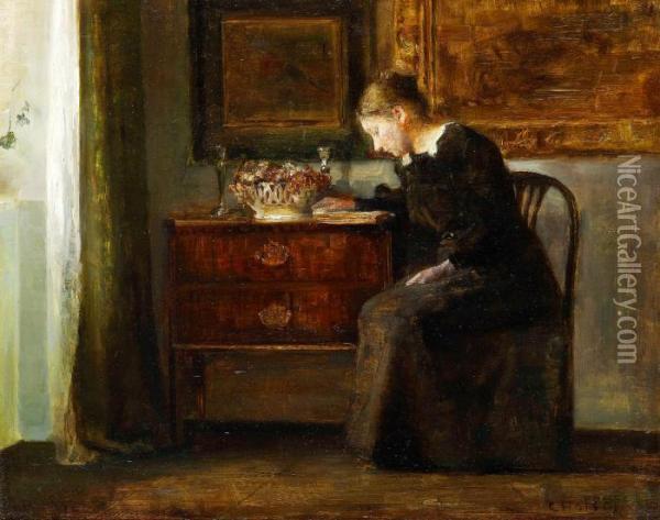 Interior Med Lasande Kvinna Oil Painting - Carl Vilhelm Holsoe