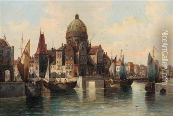 Belebte Niederlandische Hafenstadt Oil Painting - Anton Huebner