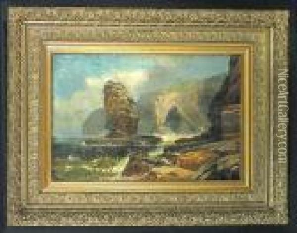 A Rocky Coastal Scene With A Sea Stack Oil Painting - Clarence Roe