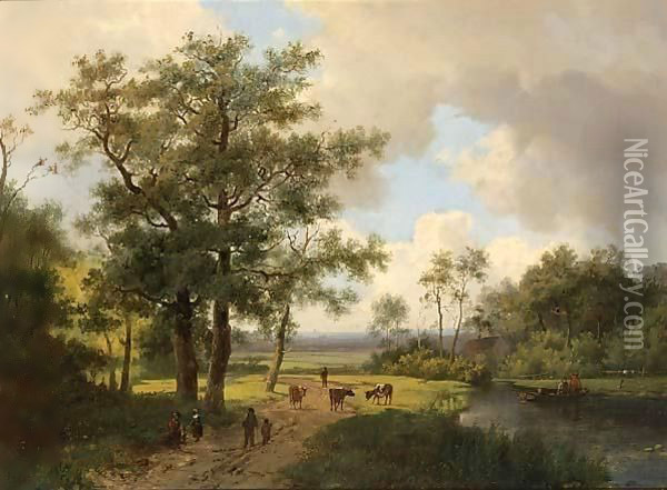 A Summer Landscape With Peasants On A Sandy Track Oil Painting - Marianus Adrianus Koekkoek